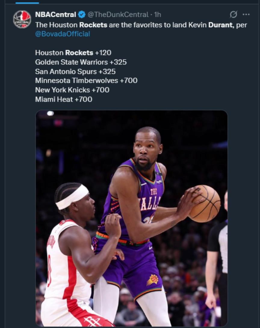 難道說(shuō)？美媒曬杜蘭特下家賠率，火箭大幅度領(lǐng)跑！